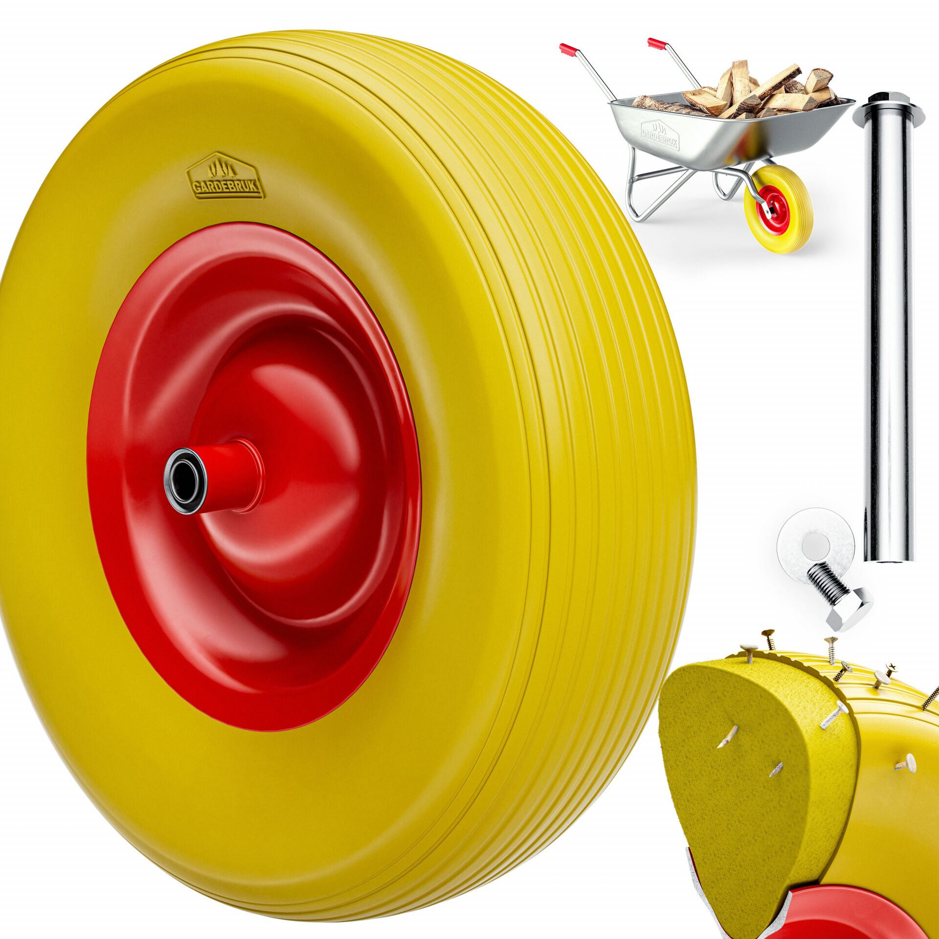 Schubkarrenrad Gelb pannensicher PU-Schaum 200kg Kugellager inkl Achse