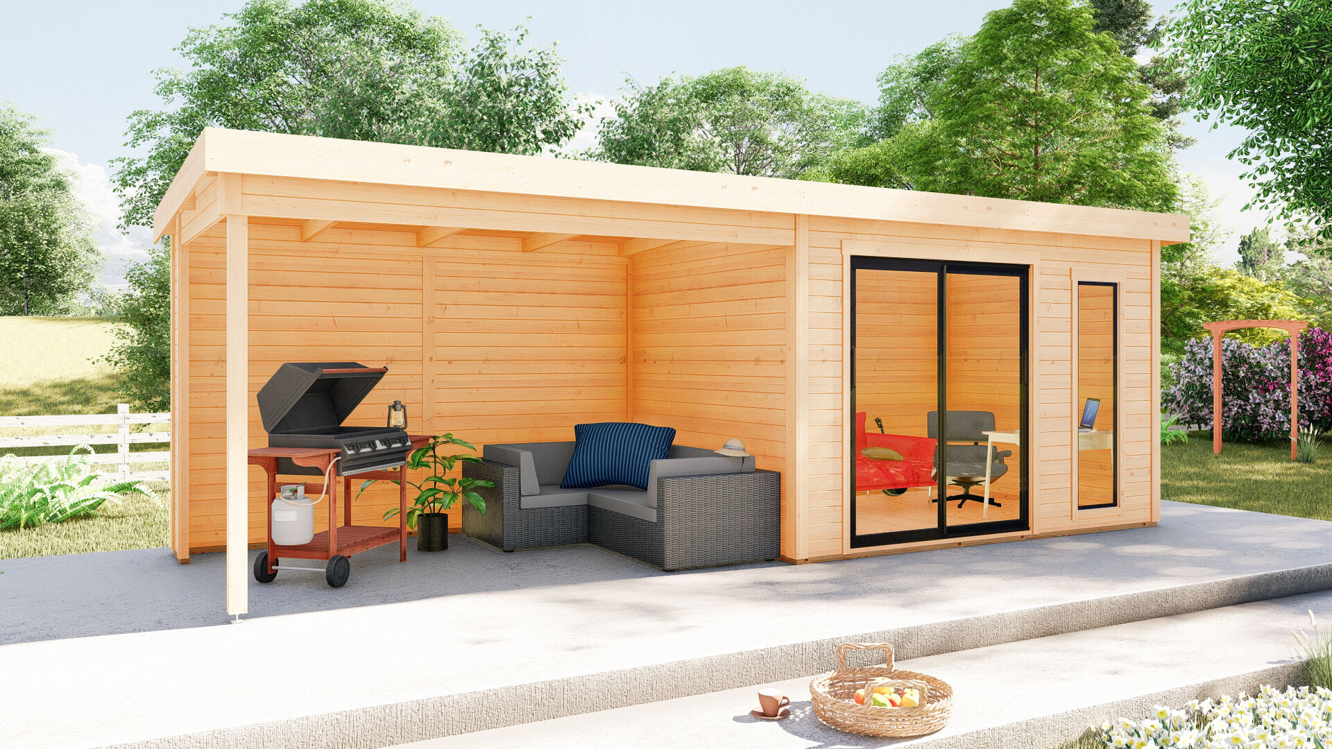 Flachdach Holz Gartenhaus Sydney 52 mit Schiebetür und Seitendach