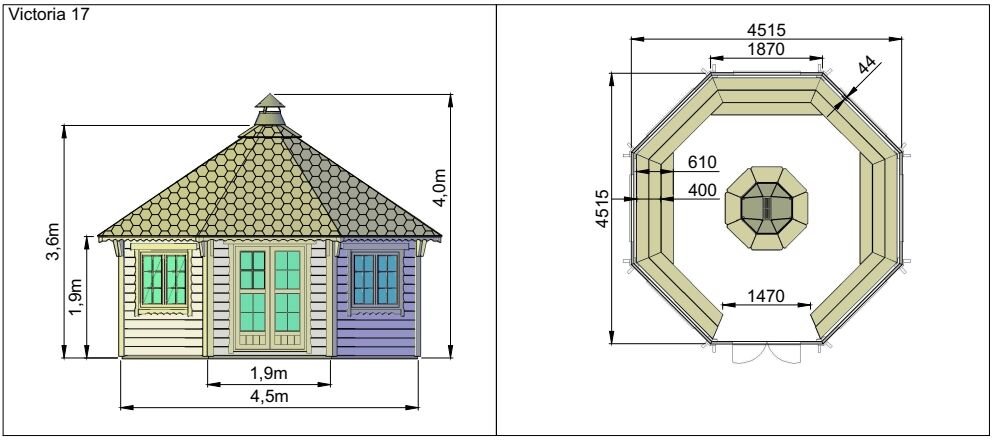 Zeichnung und Grundriss Grillpavillon Victoria 17 m²