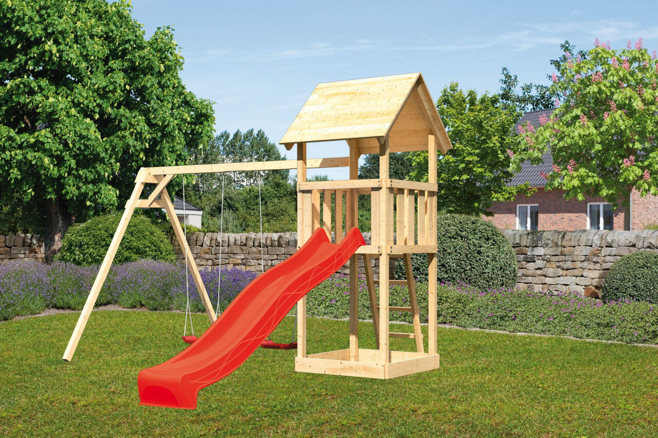 Kinderspielturm Lotti Satteldach SET natur mit Doppelschaukel ECO und Rutsche rot