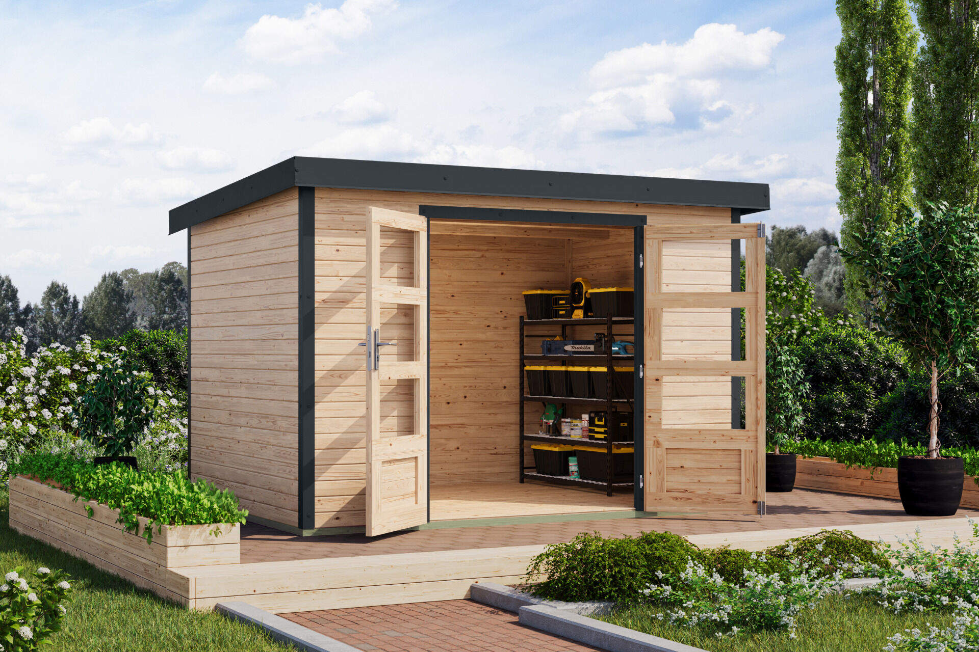 Karibu Pultdach Holz & Metall Gartenhaus Jupiter 4, naturbelassen / graualuminium