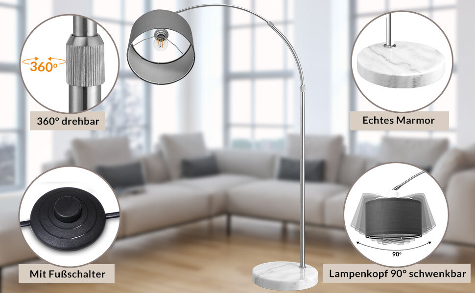 Design Bogenlampe Grau 150-175cm verstellbar
