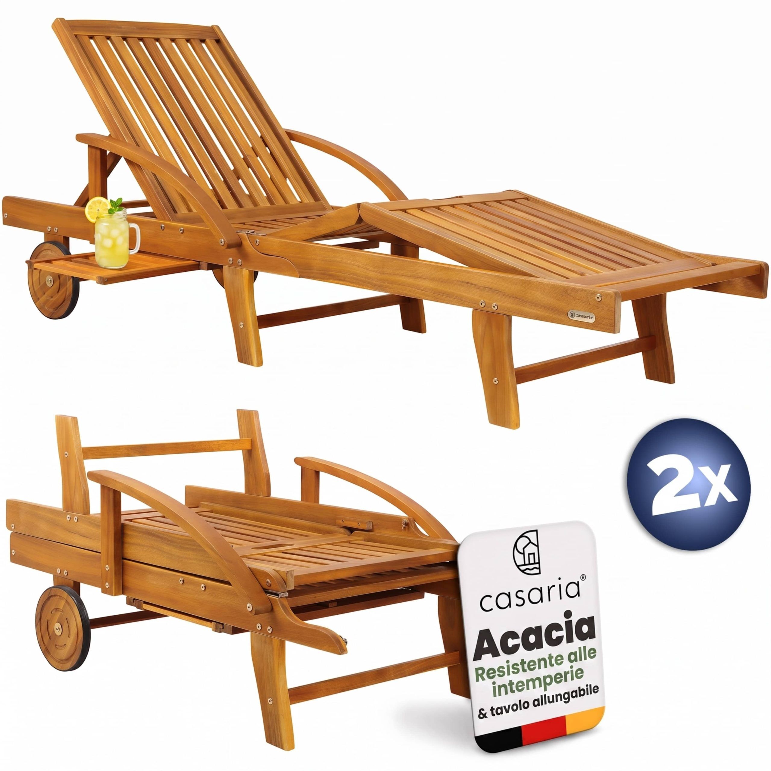 Gartenliege 2er-Set Akazienholz klappbar mit Ausziehtisch und Rollen