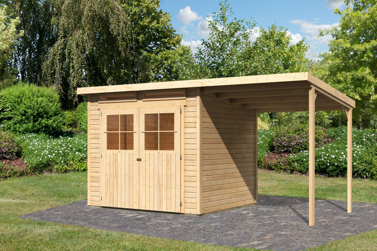 Karibu Pultdach Gartenhaus Glücksburg 4 im Set mit Anbaudach natur