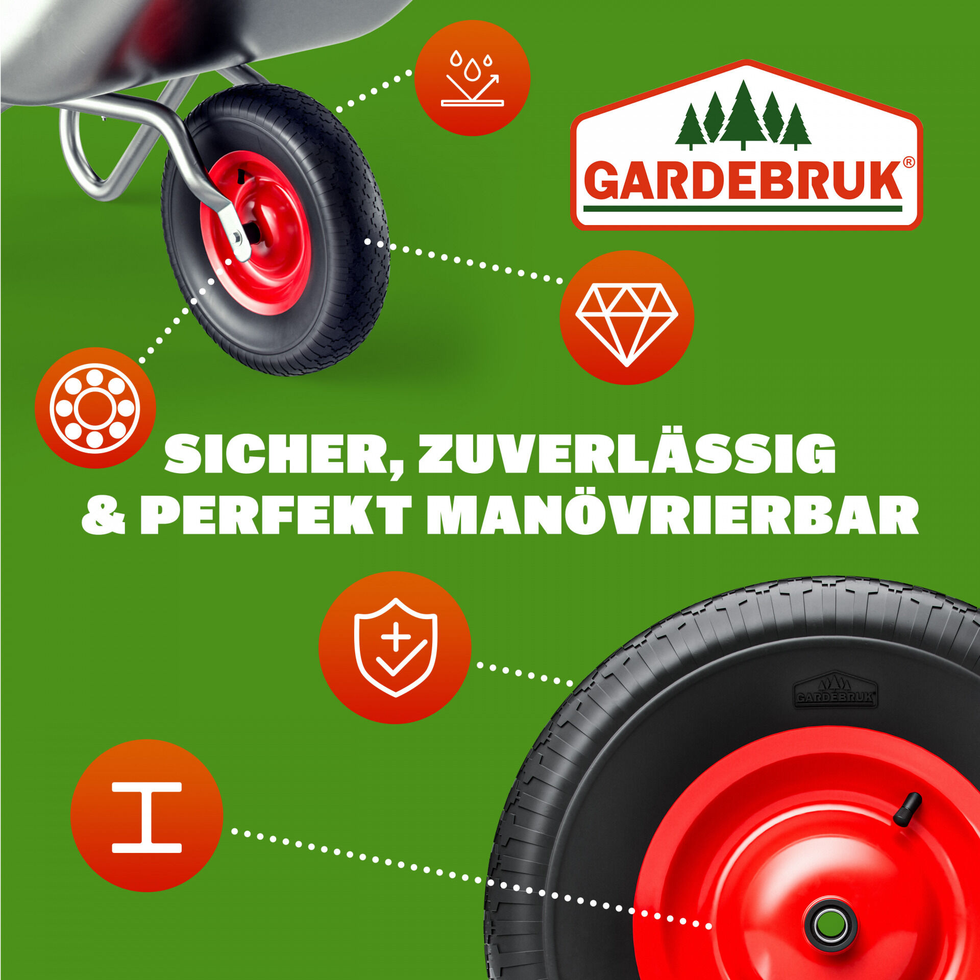 Schubkarrenrad Schwarz luftbereift mit Achse