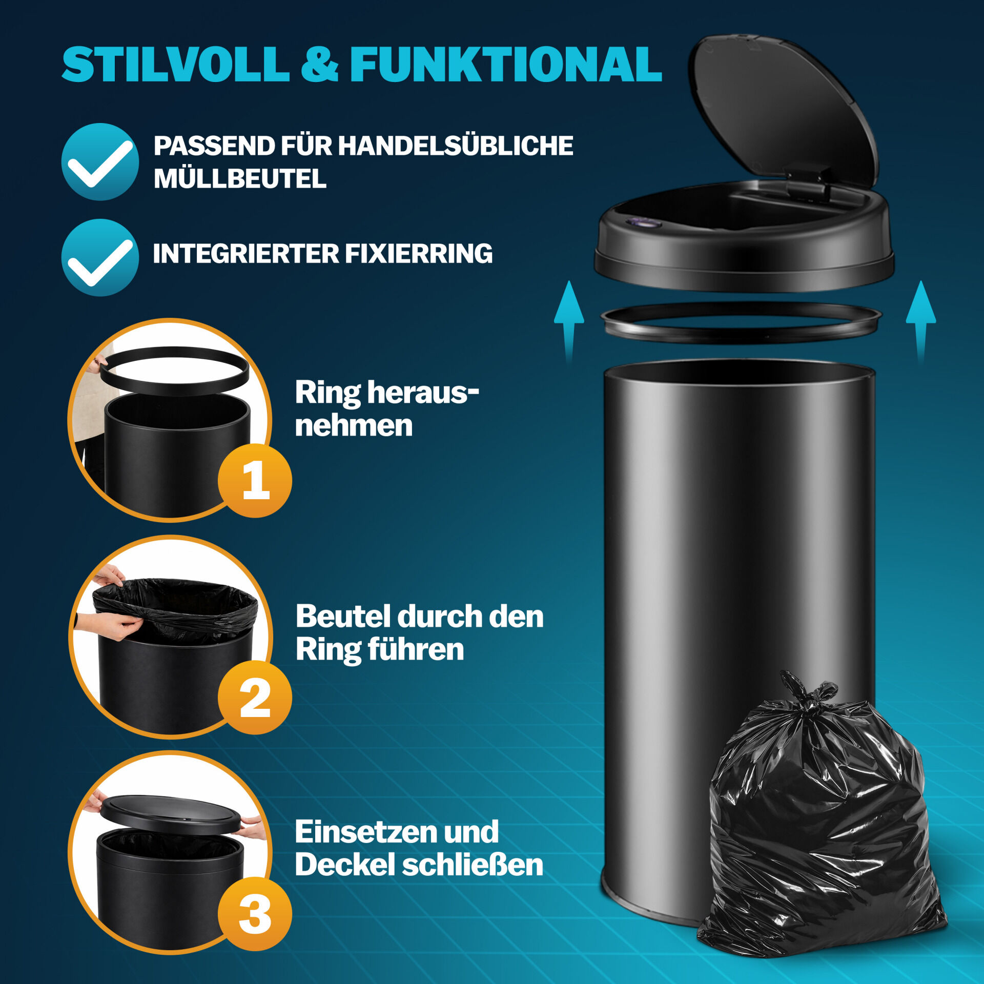 Sensor Mülleimer Schwarz Edelstahl 50L