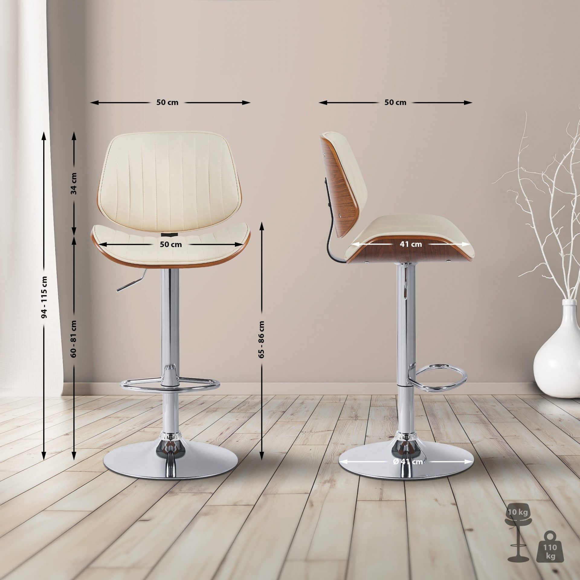 2er Set Barhocker Clawson Kunstleder chrom, walnuss/creme