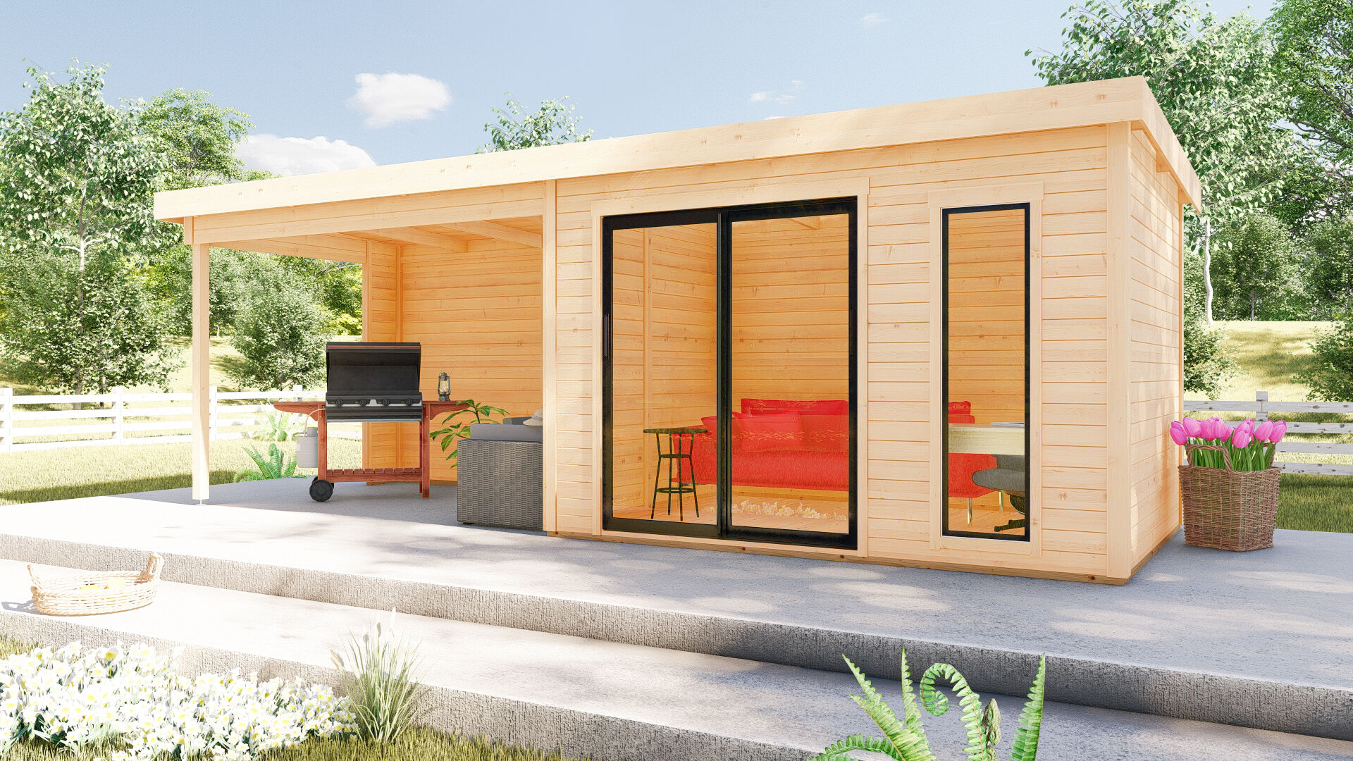 Flachdach Holz Gartenhaus Sydney 52 mit Schiebetür und Seitendach