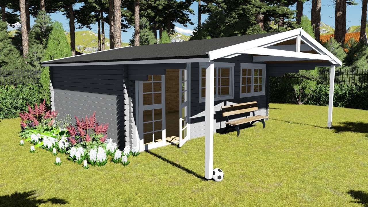 Gartenhaus Norwegen 11 – 6×4 m Holz-Blockhaus mit XXL-Vordach