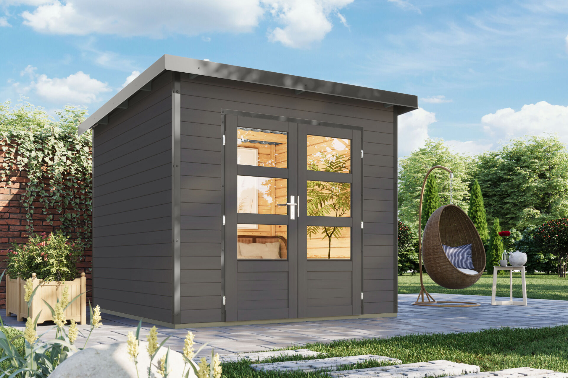 Karibu Pultdach Holz & Metall Gartenhaus Pluto 3, naturbelassen / graualuminium