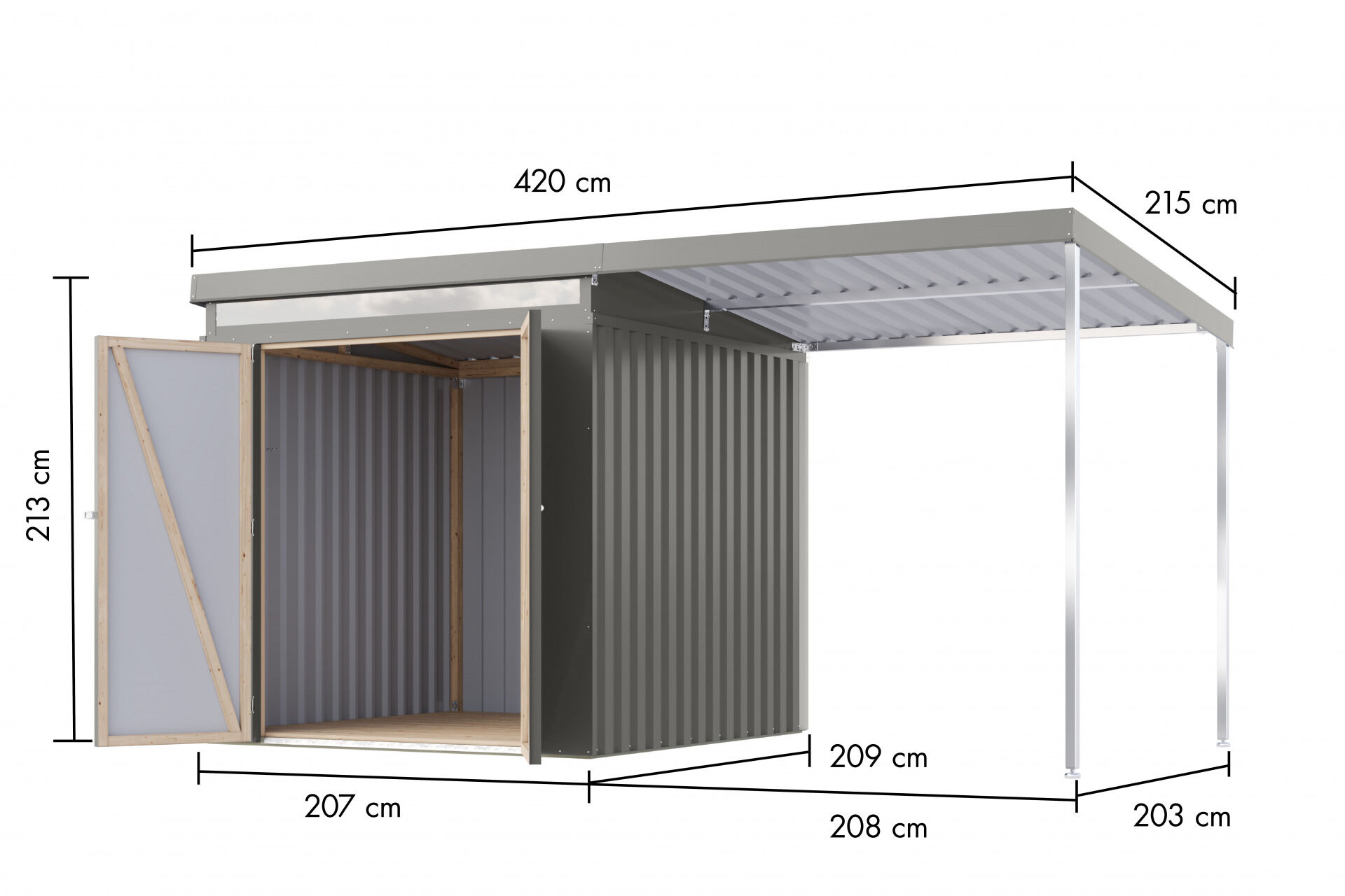 Karibu Pultdach Metall Gartenhaus Iridium 2 Set mit Anbaudach 2m, graualuminium
