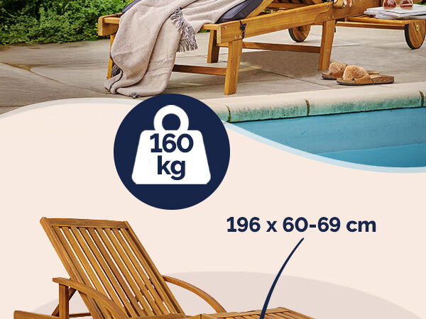 Gartenliege klappbar verstellbar Akazienholz mit Ausziehtisch Rollen