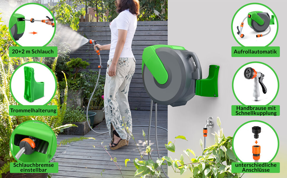 Wasserschlauchaufroller inkl Schlauchspritze 20m + 2m Zuleitung