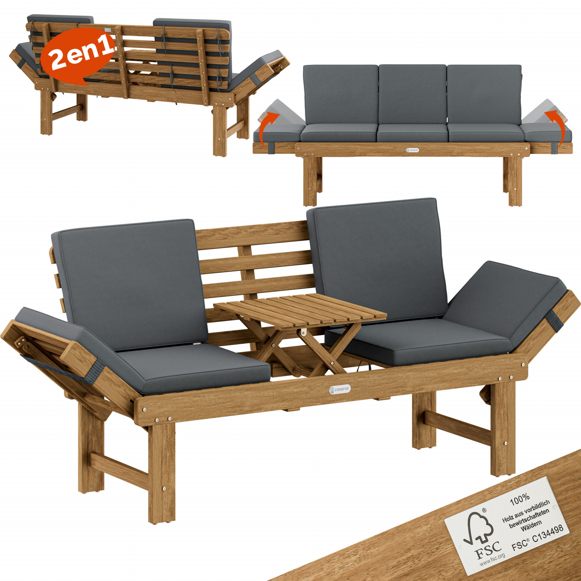 Gartenbank 2in1 wandelbar mit Tisch Kissen aus Akazienholz