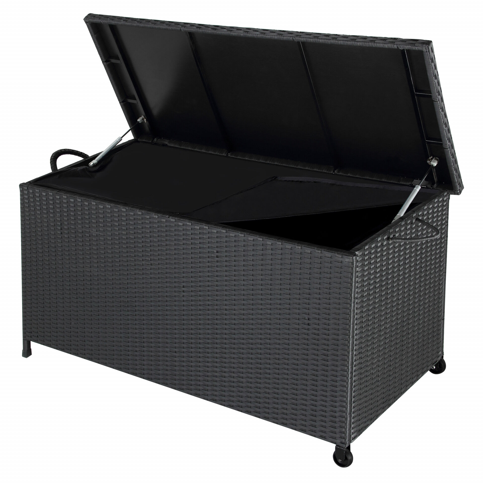 Gartenbox Polyrattan Schwarz 117x53x60cm mit Griffen + Rollen