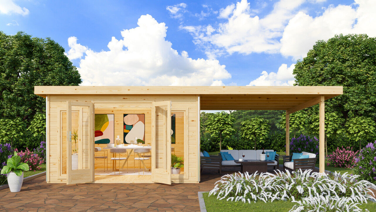 Karibu Pultdach Gartenhaus Radeburg 3 SET naturbelassen mit Anbaudach natur