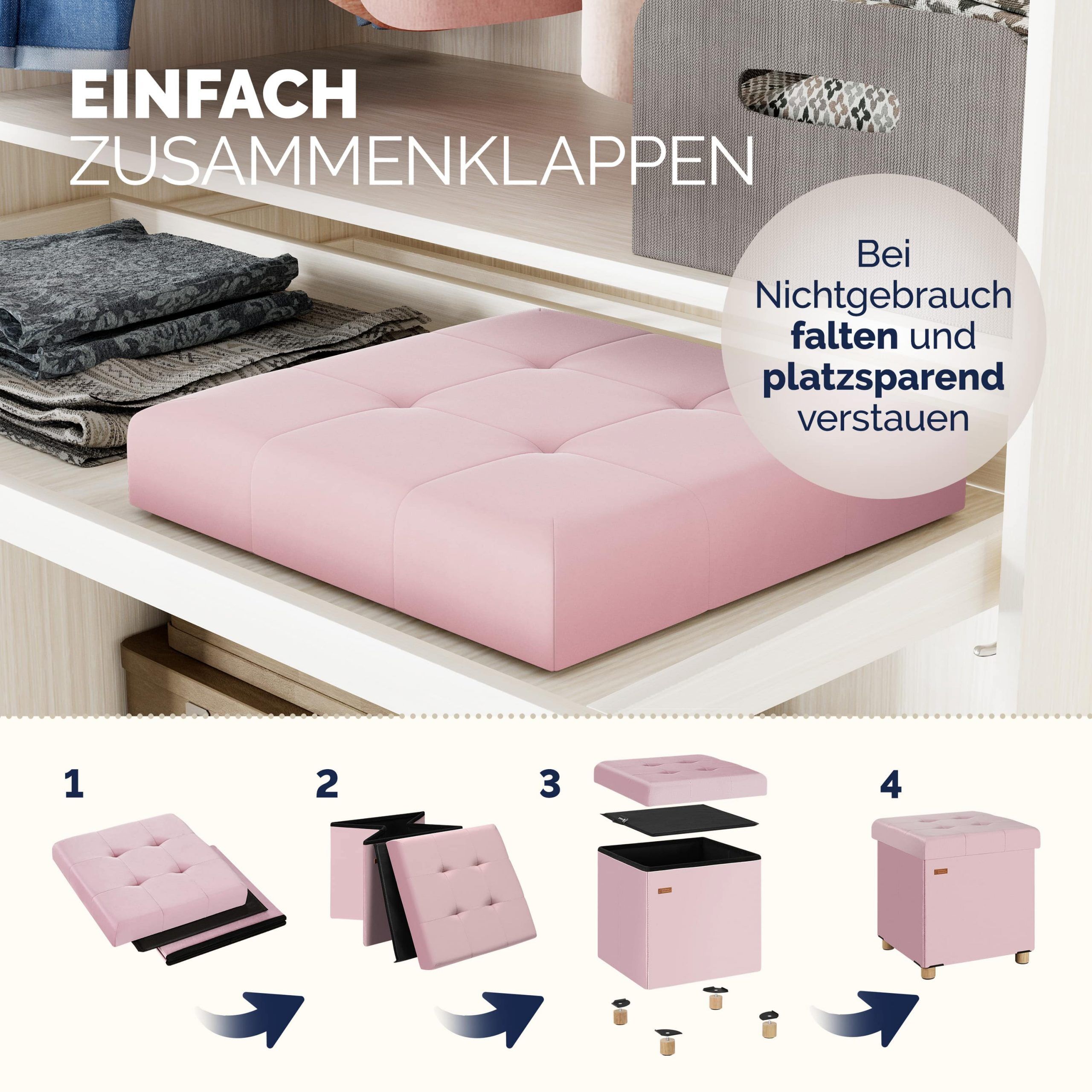 Sitzhocker Rosa Samt 42x38x38cm faltbar