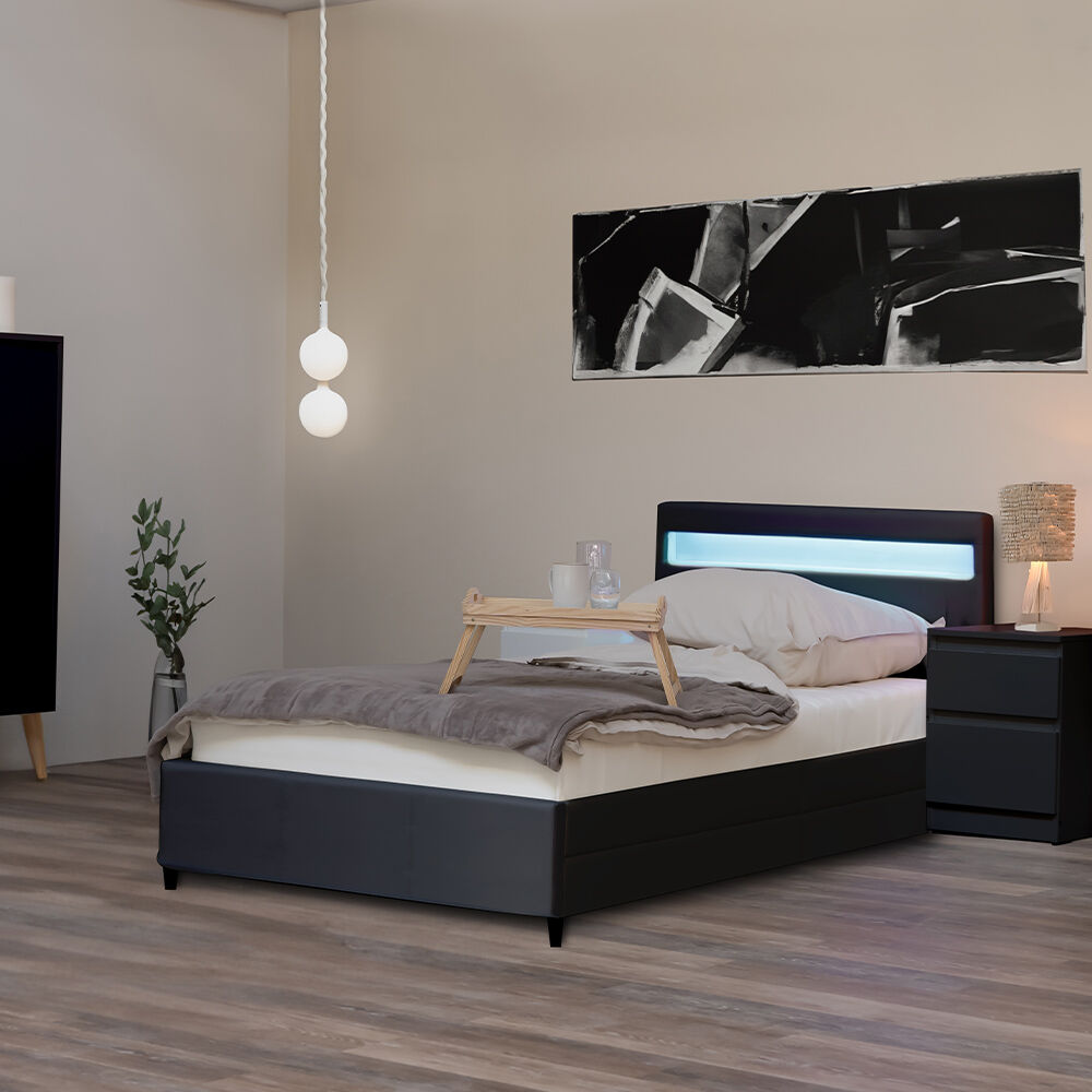LED Bett mit Schubladen und Matratze NUBE - 90 x 200 cm Dunkelgrau