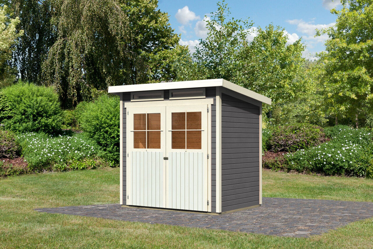 Karibu Pultdach Gartenhaus Glücksburg 2 terragrau