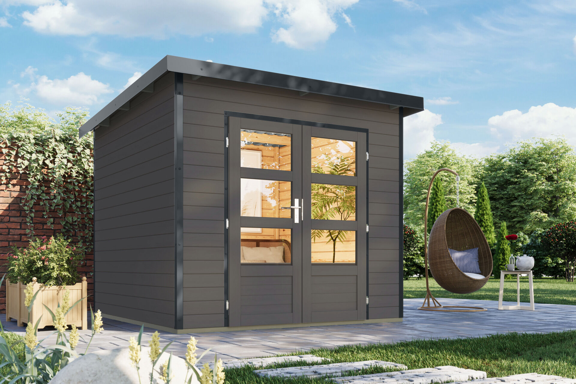 Karibu Pultdach Holz & Metall Gartenhaus Pluto 3, naturbelassen / graualuminium