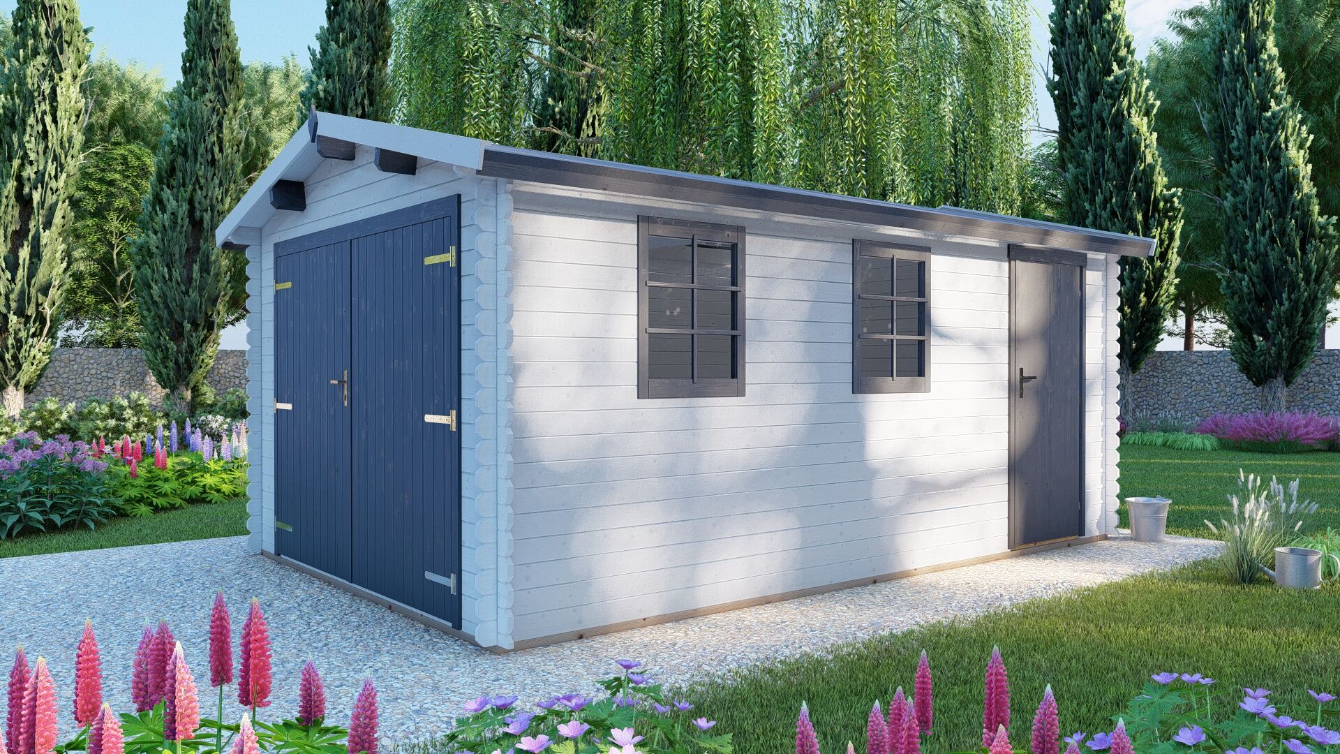 Holzgarage mit Satteldach, 28 mm Blockbohlen, Doppeltor und Seitentür im Garten