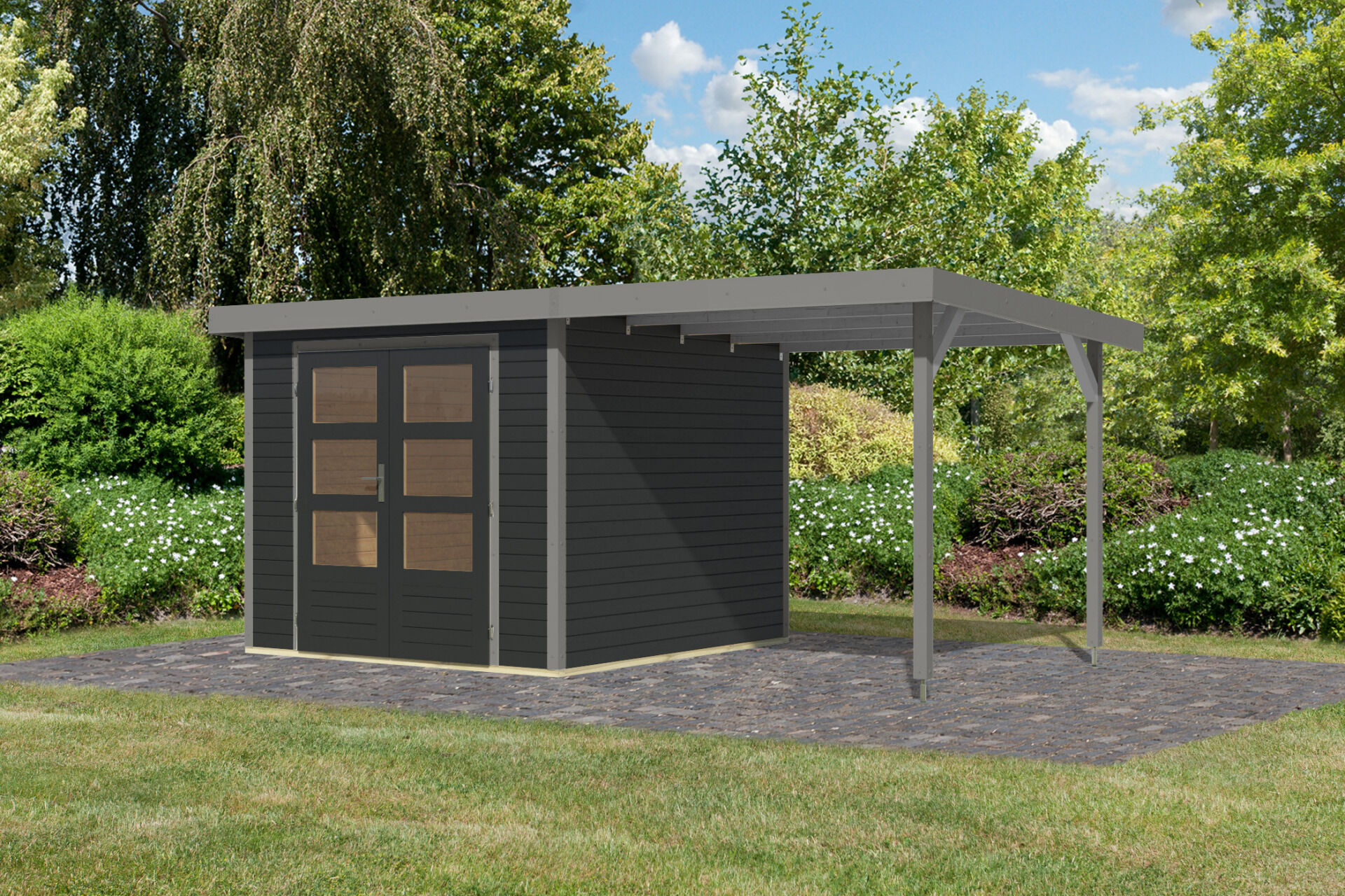 Karibu Pultdach Holz & Metall Gartenhaus Jupiter 3,5 Set mit Anbaudach 2,35 m, naturbelassen / graualuminium