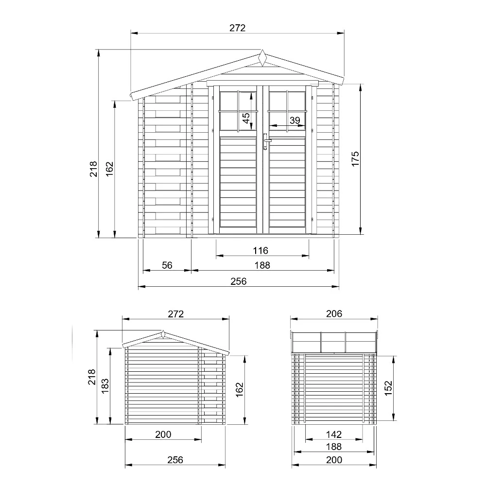 Gerätehaus Bruno Holz M386F Zeichnung mit Abmessungen