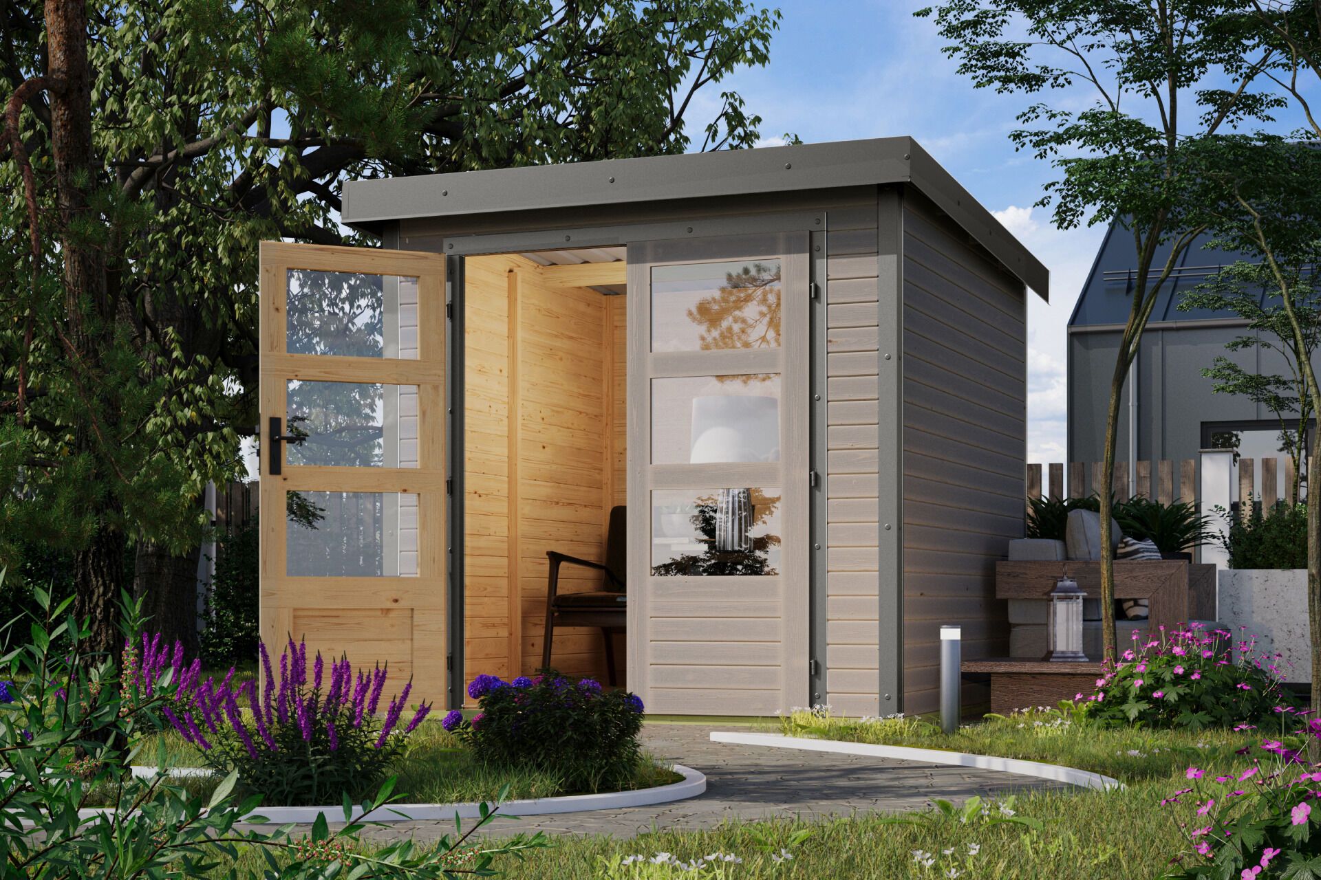 Karibu Pultdach Holz & Metall Gartenhaus Jupiter 2, naturbelassen / graualuminium