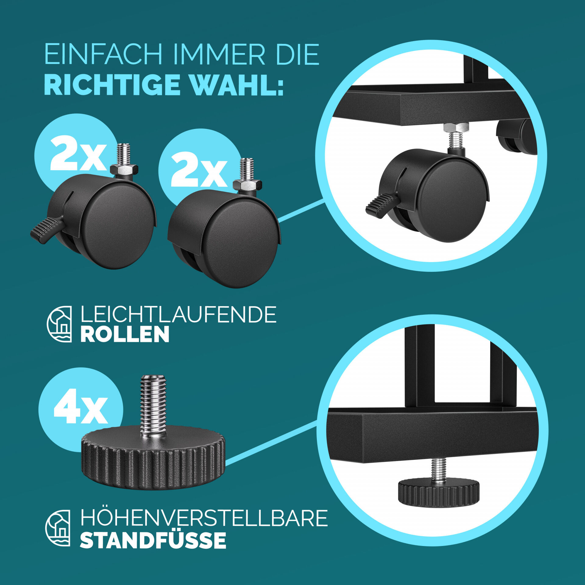 Beistelltisch Schwarz unterfahrbar 50x35x65/70cm mobil Rollen mit Bremse
