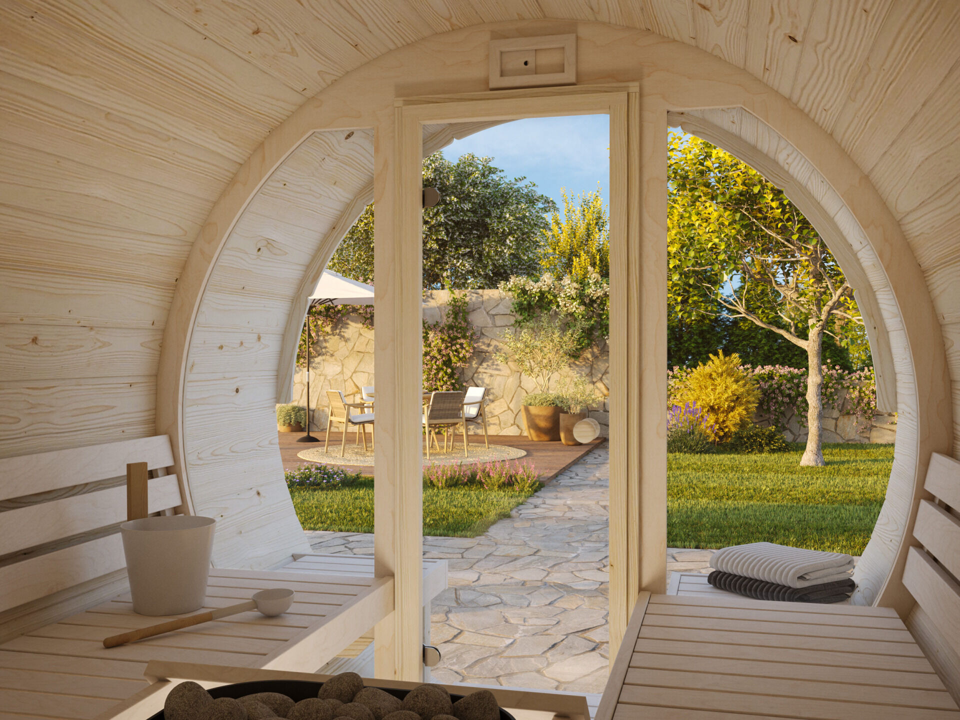 Palmako Saunafass Anita 1,3+0,7 m² mit Glasfront