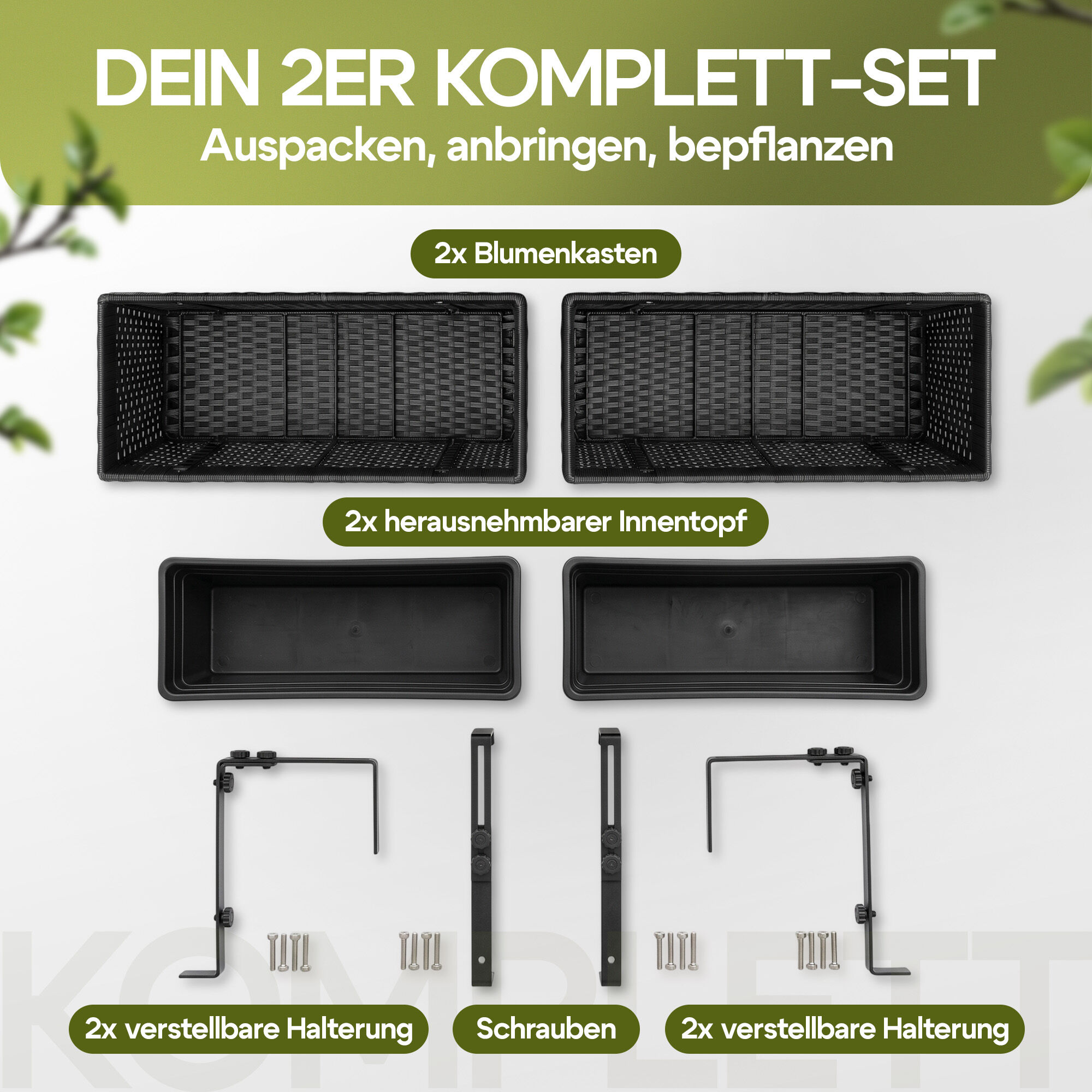 Polyrattan Blumenkasten 2er-Set Schwarz