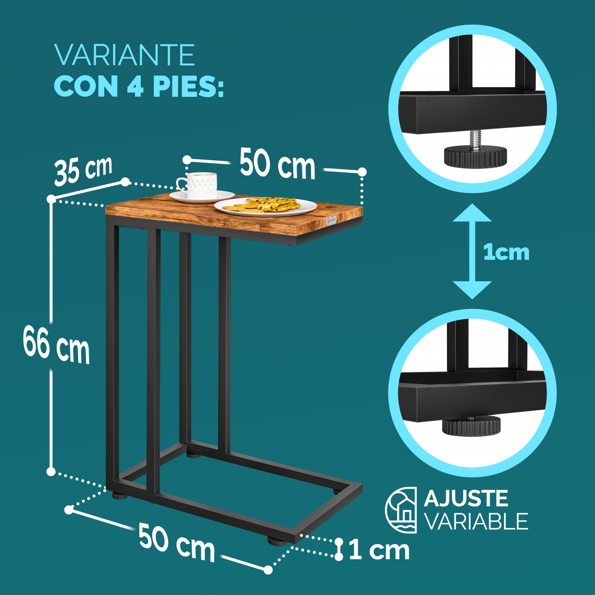 Beistelltisch Schwarz unterfahrbar 50x35x65/70cm mobil Rollen mit Bremse