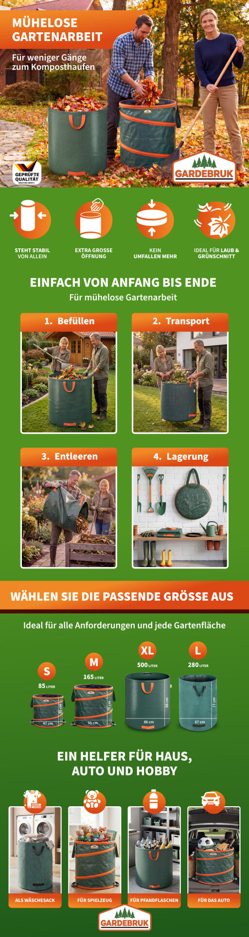 Popup Gartenabfallsack 3er-Set Grün je 165 Liter