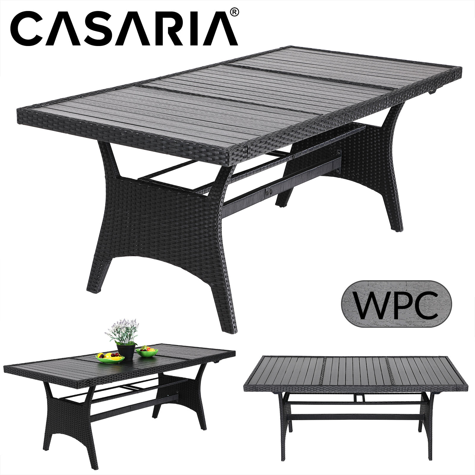 Polyrattan Gartentisch Takeo Schwarz 190x90x75cm WPC