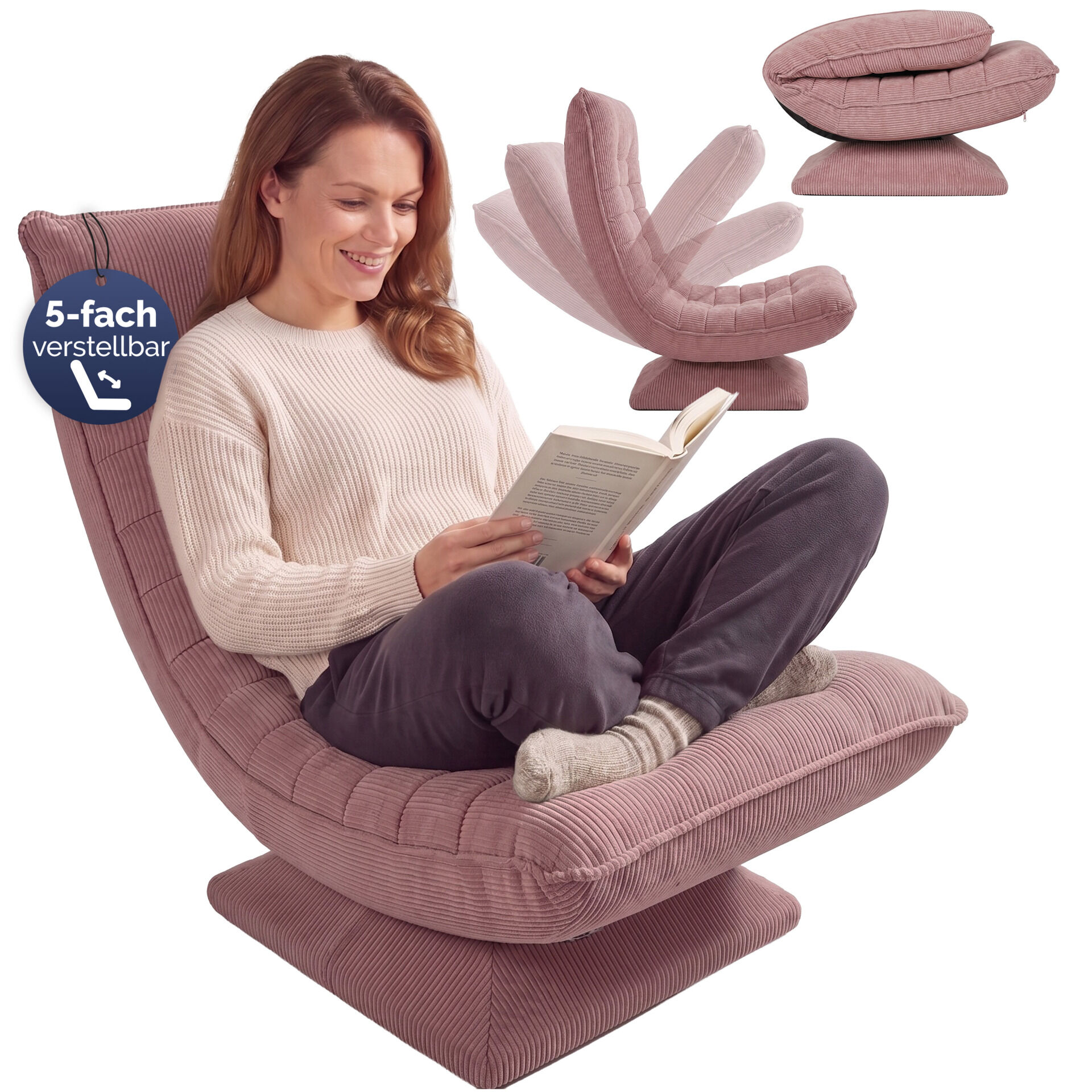 Sessel Aberdeen Dunkelpink Cord 5fach verstellbar 360 Grad drehbar klappbar