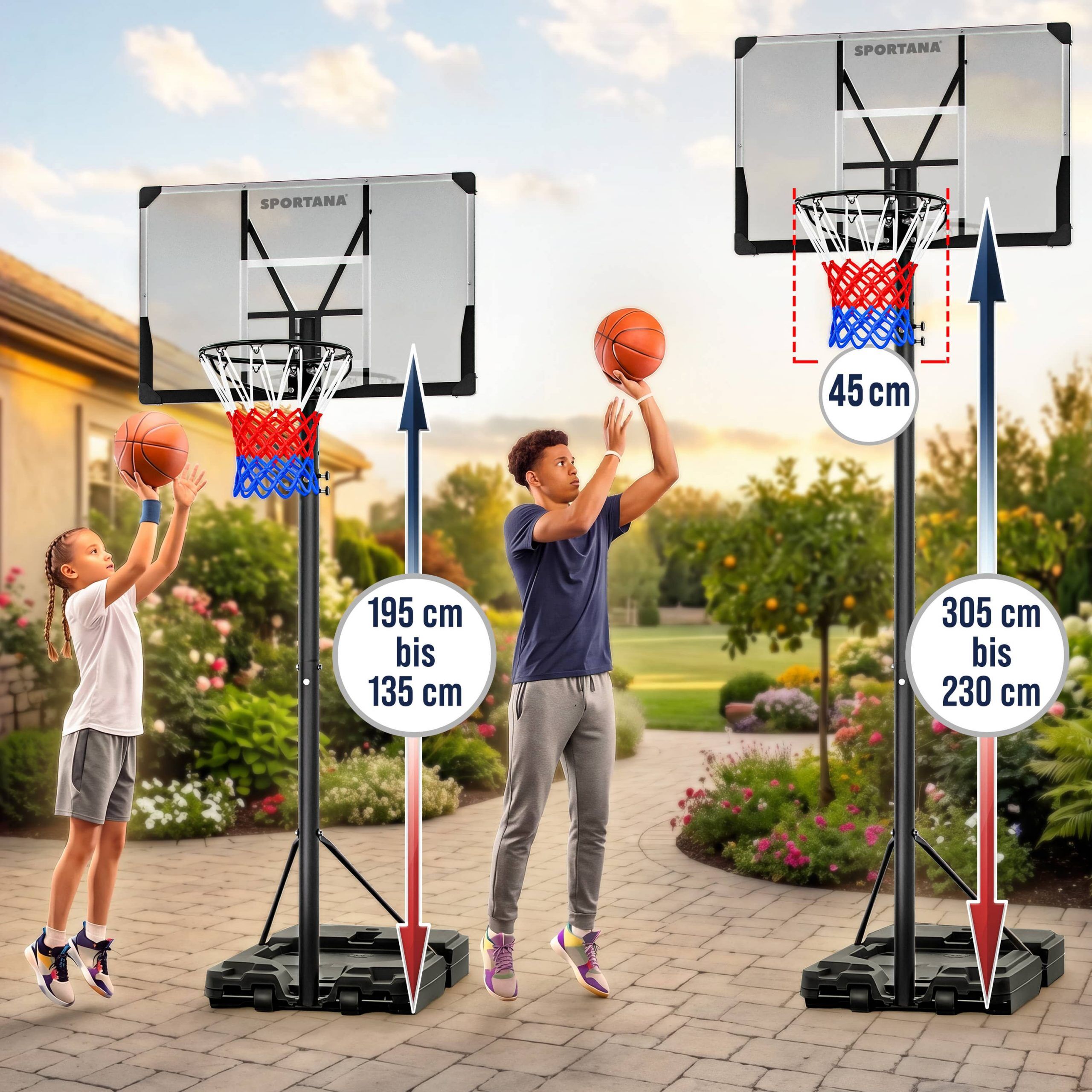 Basketballkorb Outdoor höhenverstellbar 135 –305 cm stabil wetterfest mit Ständer 60 kg Sockel Rollen