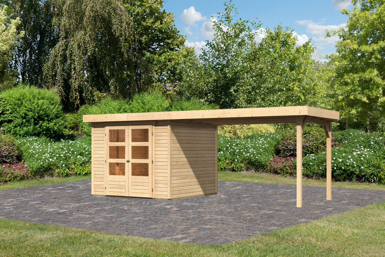 Flachdach Gartenhaus Askola 3,5 im Set mit Anbaudach 2,80 m natur