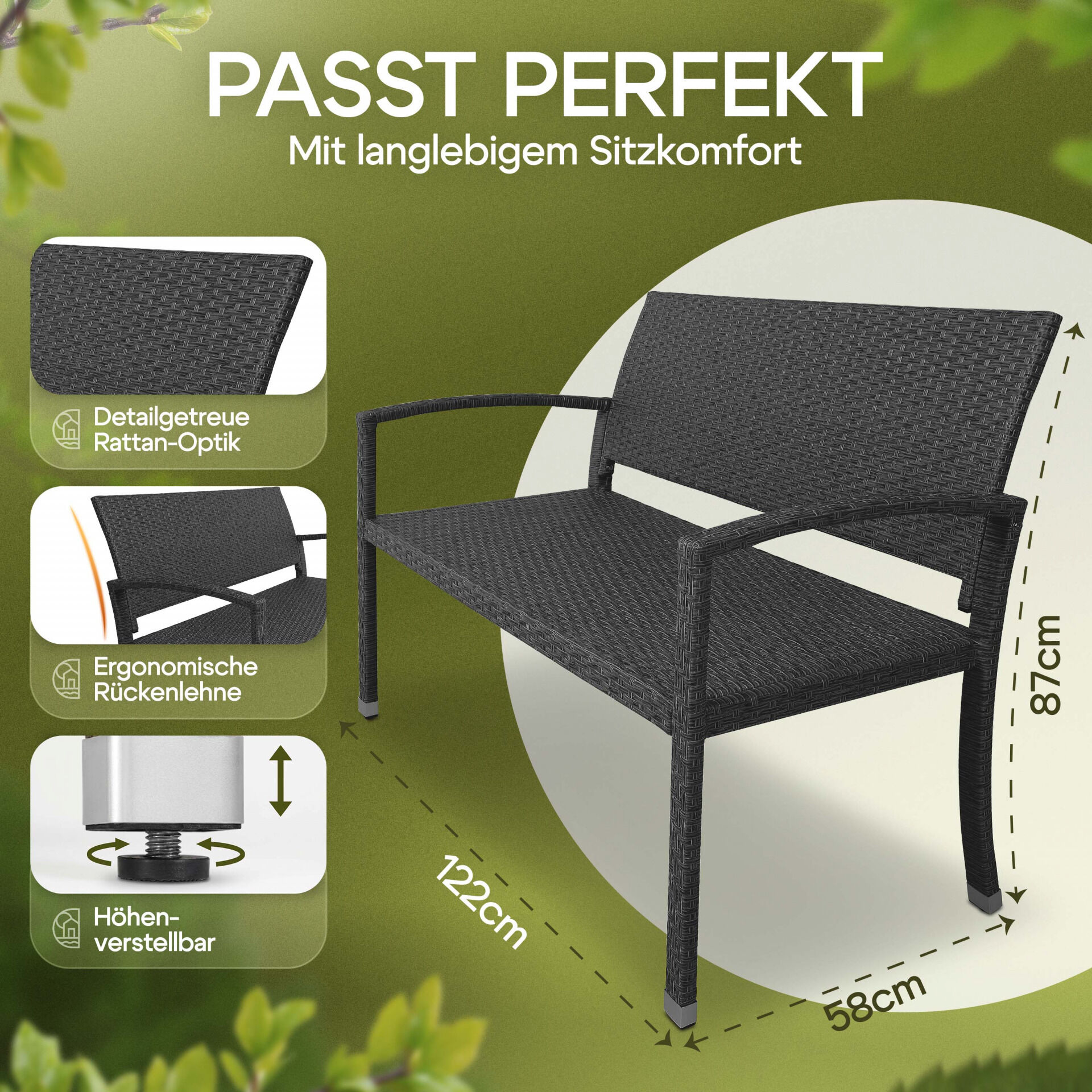 Polyrattan Gartenbank Schwarz 122x58x87cm