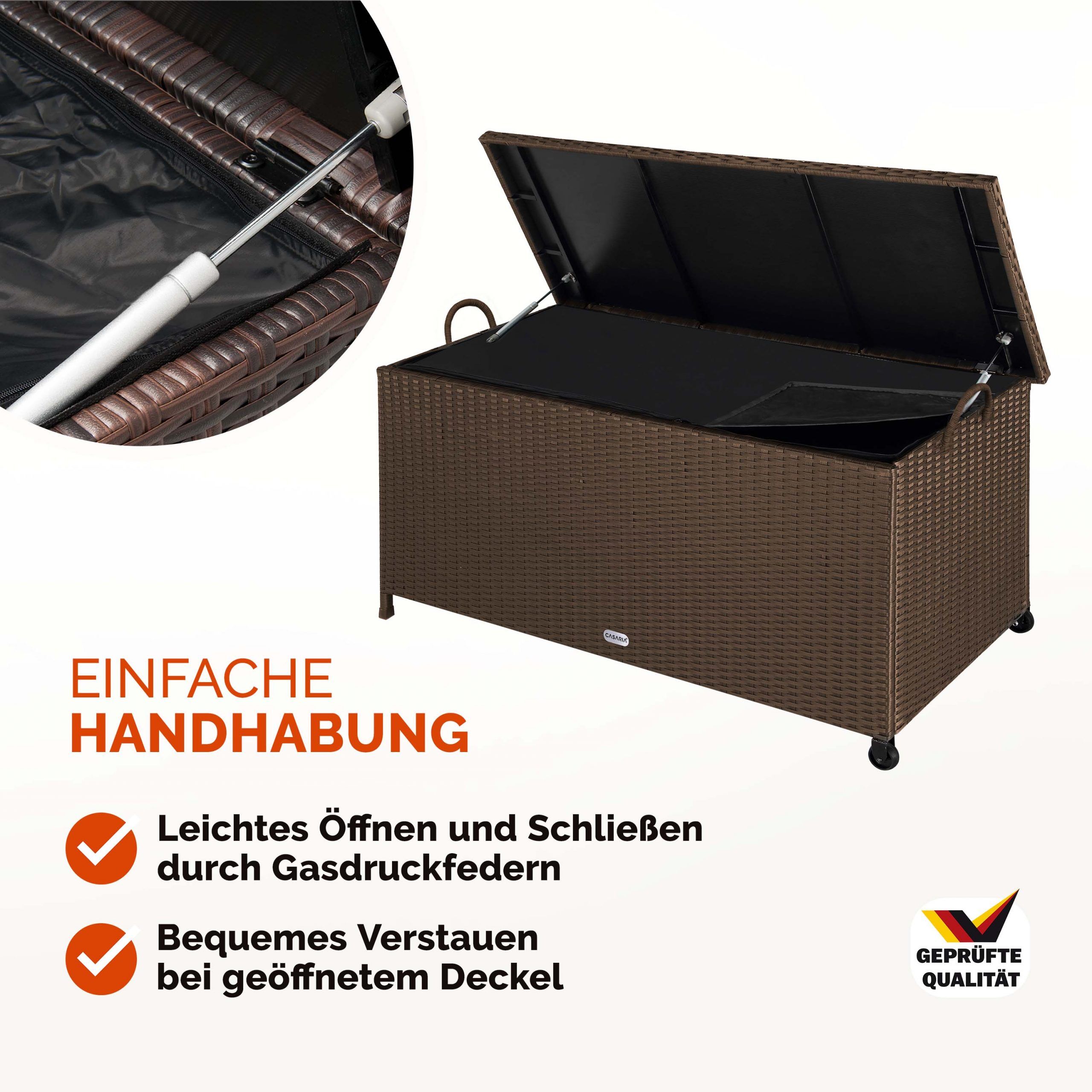 Gartenbox Polyrattan Braun 117x53x60cm mit Griffen + Rollen