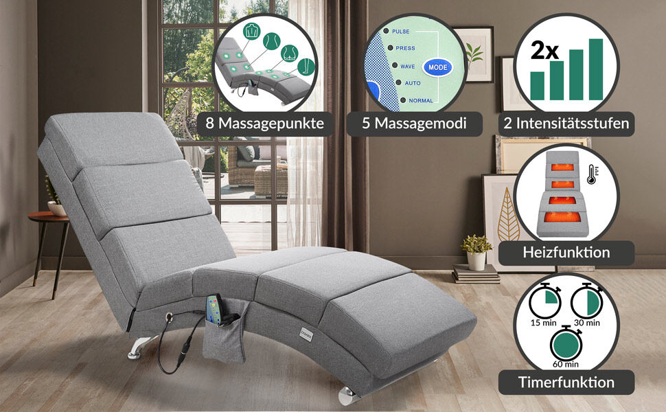 Relaxliege London Grau mit Massage- + Heizfunktion