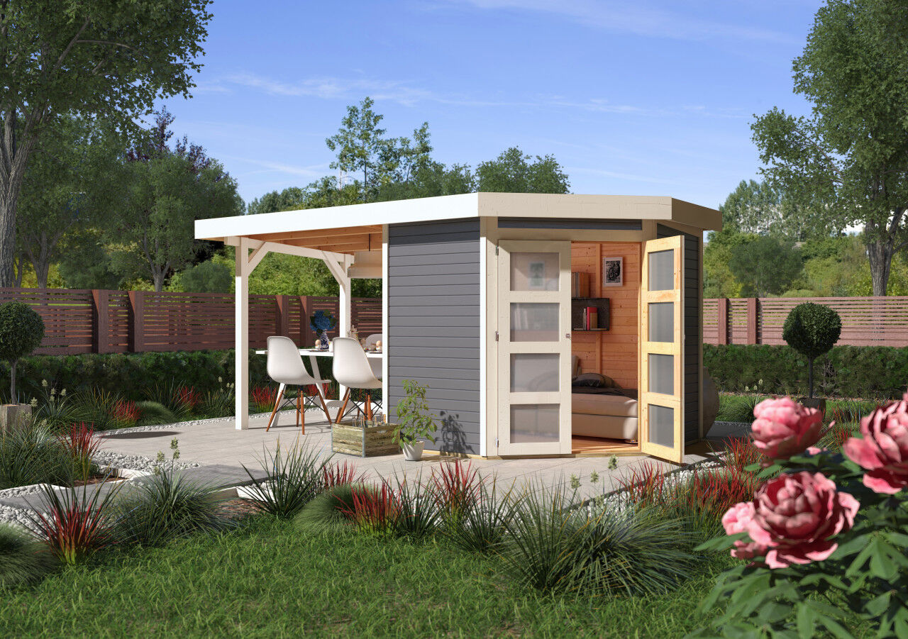 Karibu Flachdach Gartenhaus Goldendorf 3 im Set mit Anbaudach 2,40 m terragrau