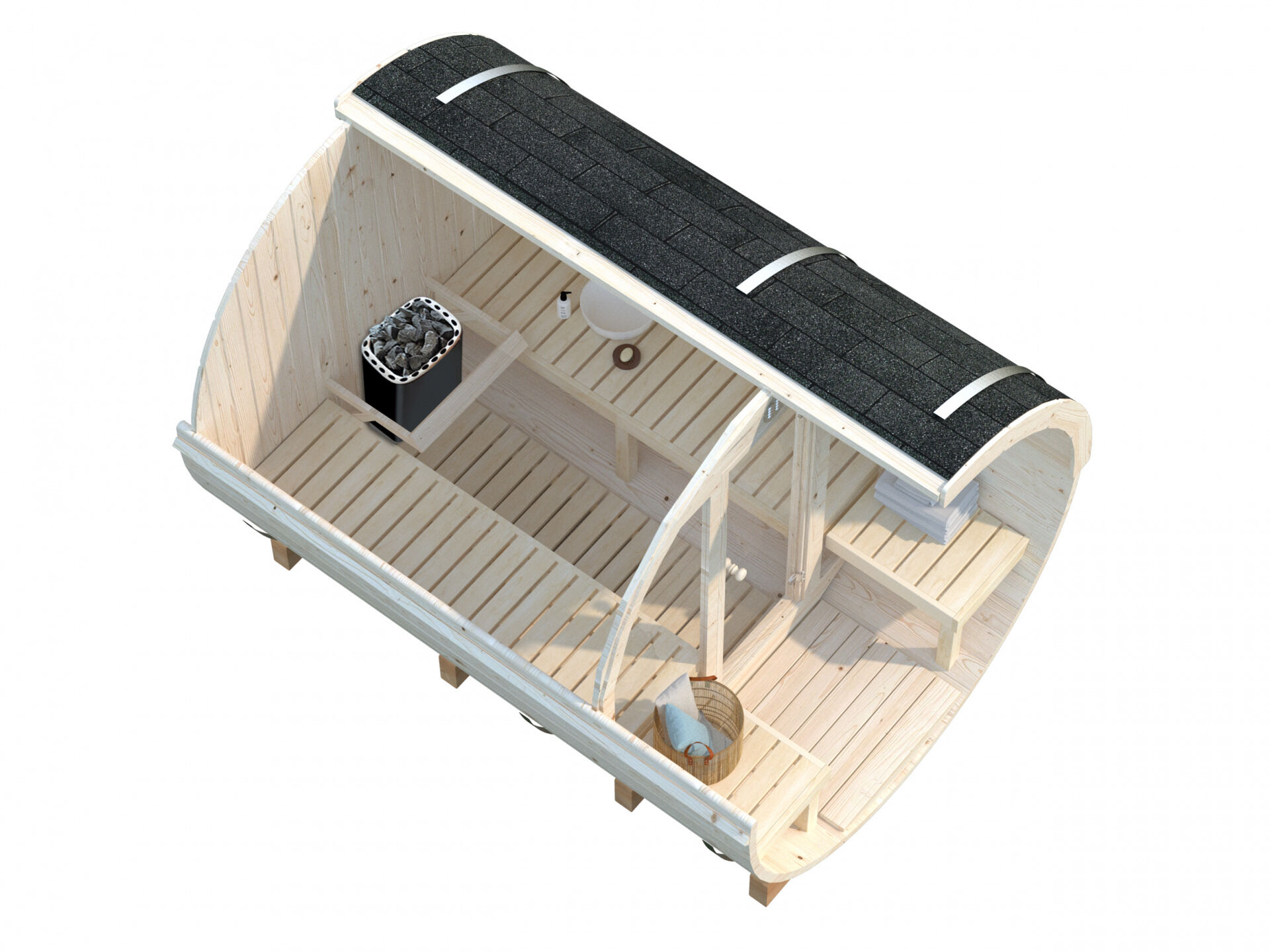 Palmako Saunafass Anita 1,6+0,7 m² mit Glasfront, Innenansicht, Bänke, Elektroofen