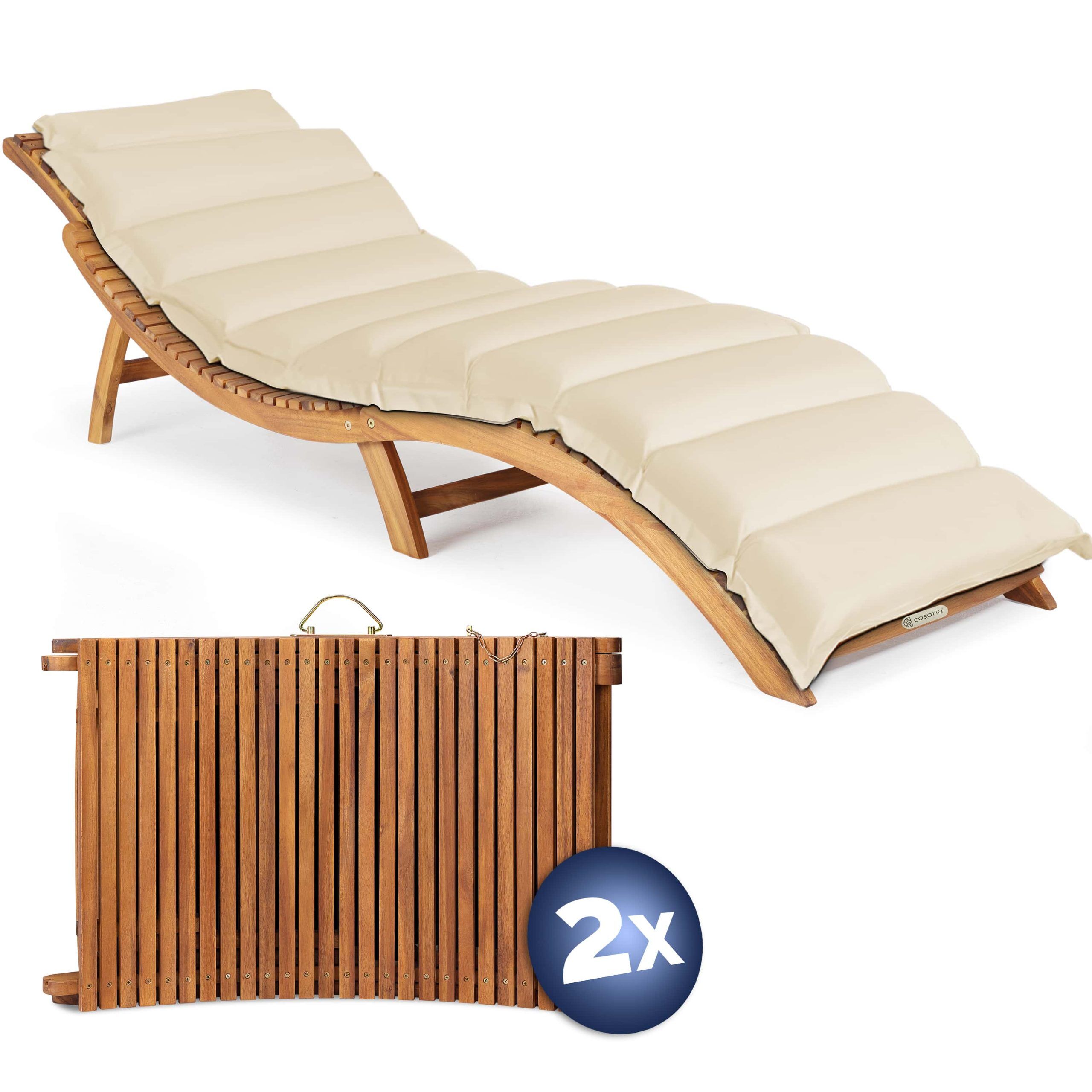Faltbare Gartenliege 2er-Set Akazie FSC®-zertifiziert inkl Auflage Creme