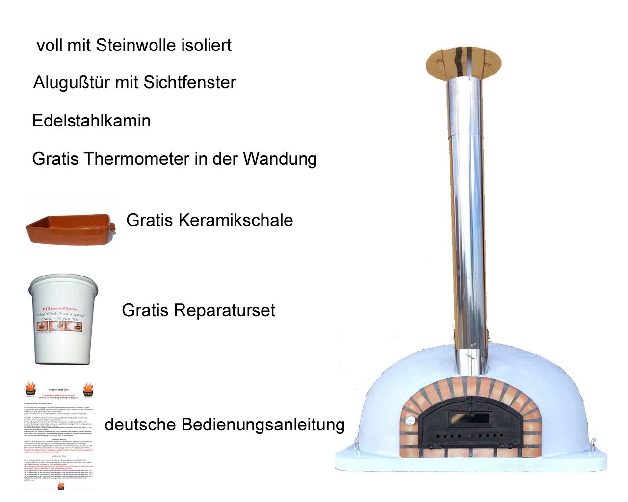 Traditioneller Backofen Pizzaioli AL 120 inkl. Kaminrohr und Regenhut aus Edelstahl, weiß, ohne Abdeckhaube, ohne Ofenzubehör, ohne Zubehörset, ohne Grillzubehör, ohne fahrbares Gestell