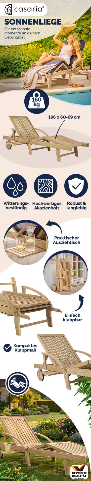 Gartenliege klappbar verstellbar Akazienholz Teak Optik Ausziehtisch Rollen