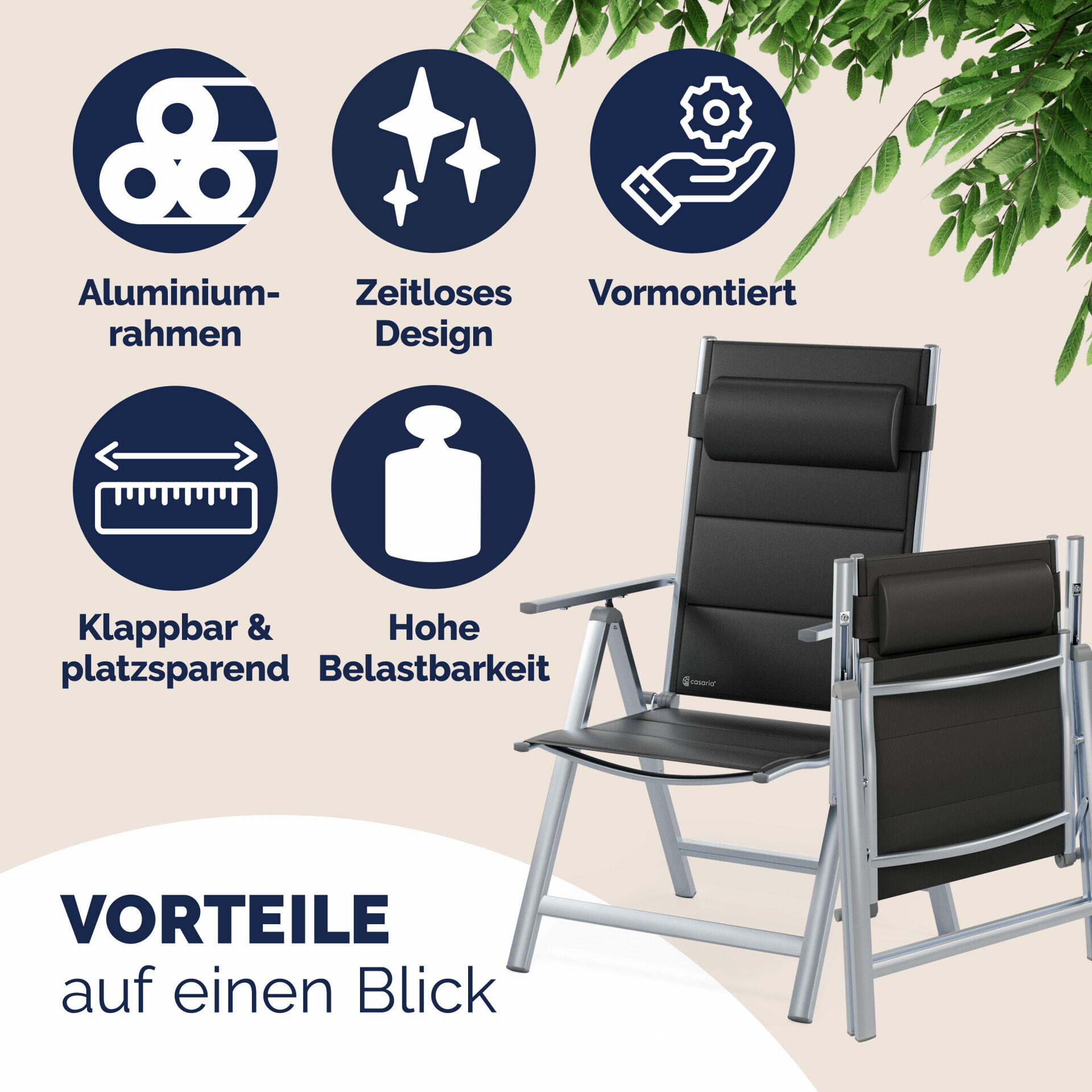 Gartenstuhl Hochlehner klappbar Bern Premium 2er-Set Silber Alu gepolstert + verstellbar