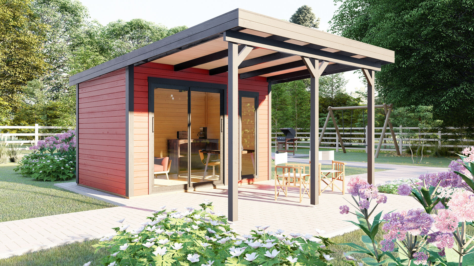 Flachdach Holz Gartenhaus Sydney 53 mit Schiebetür und Terrasse