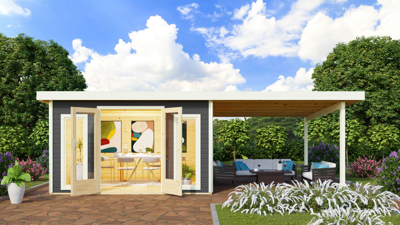 Karibu Pultdach Gartenhaus Radeburg 3 SET terragrau mit Anbaudach terragrau