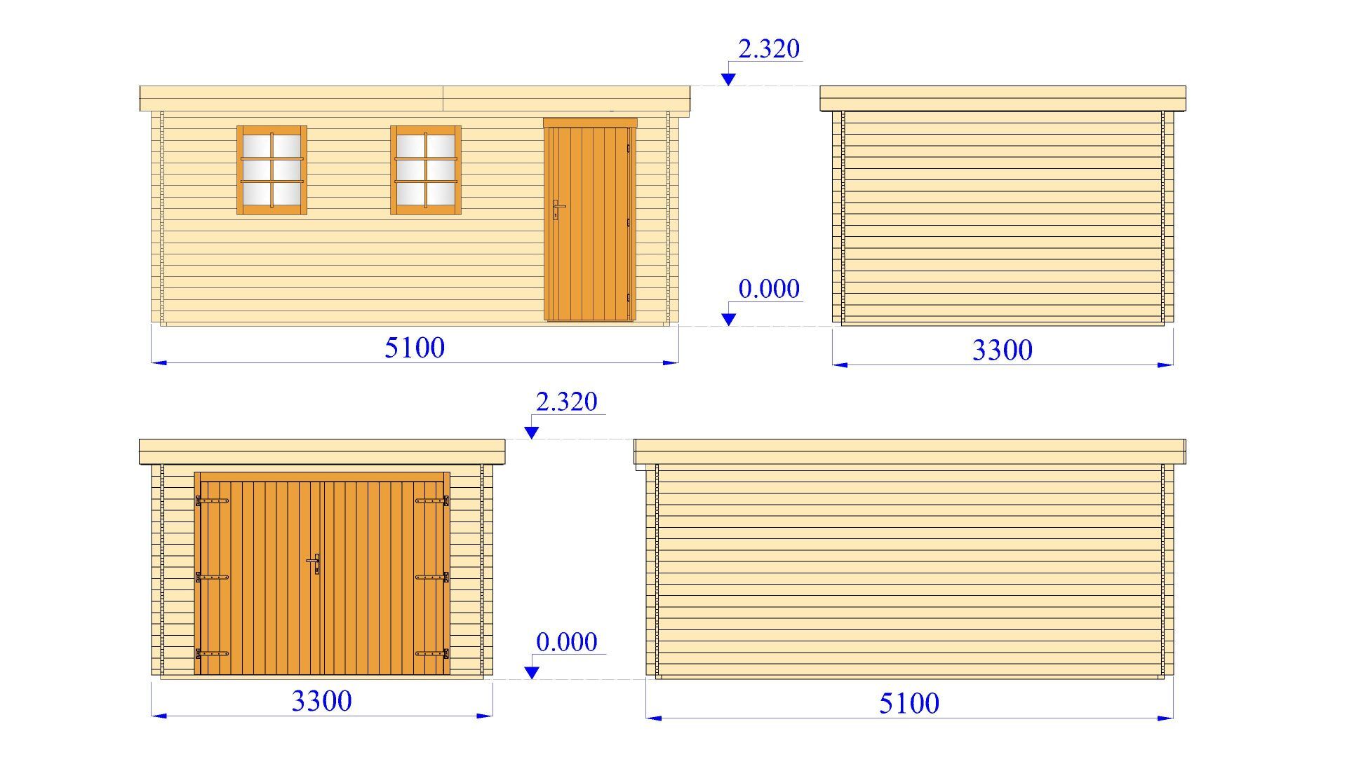 Flachdach Holzgarage Schweden 51 – 28 mm Blockbohlen Garage mit Seitentür & Doppeltor