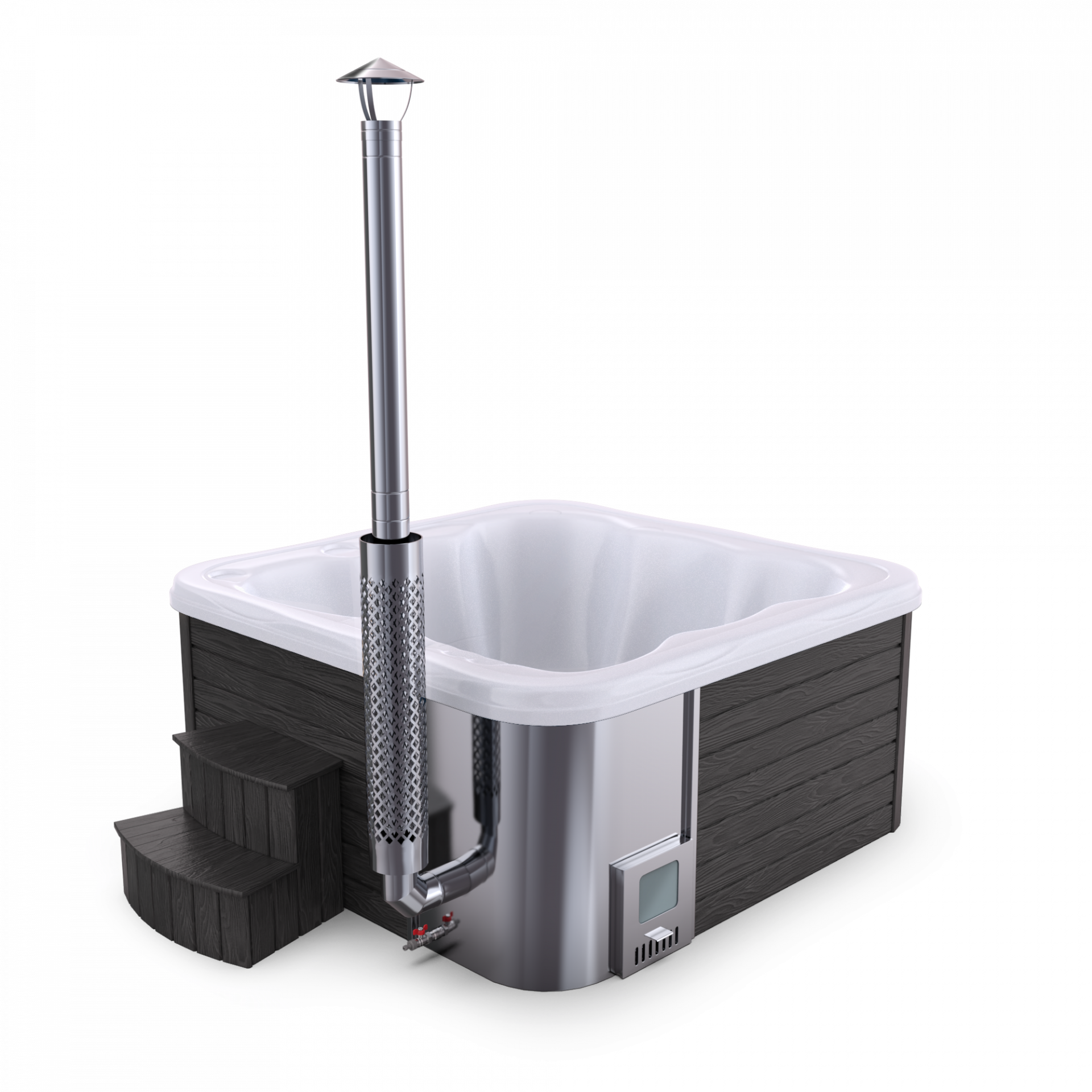 SPANOVA Hot Tub Premium 220 – WPC Whirlpool mit integriertem Holzofen & Acrylwanne, Weiß marmoriert, Holzofen - 35kw V2A